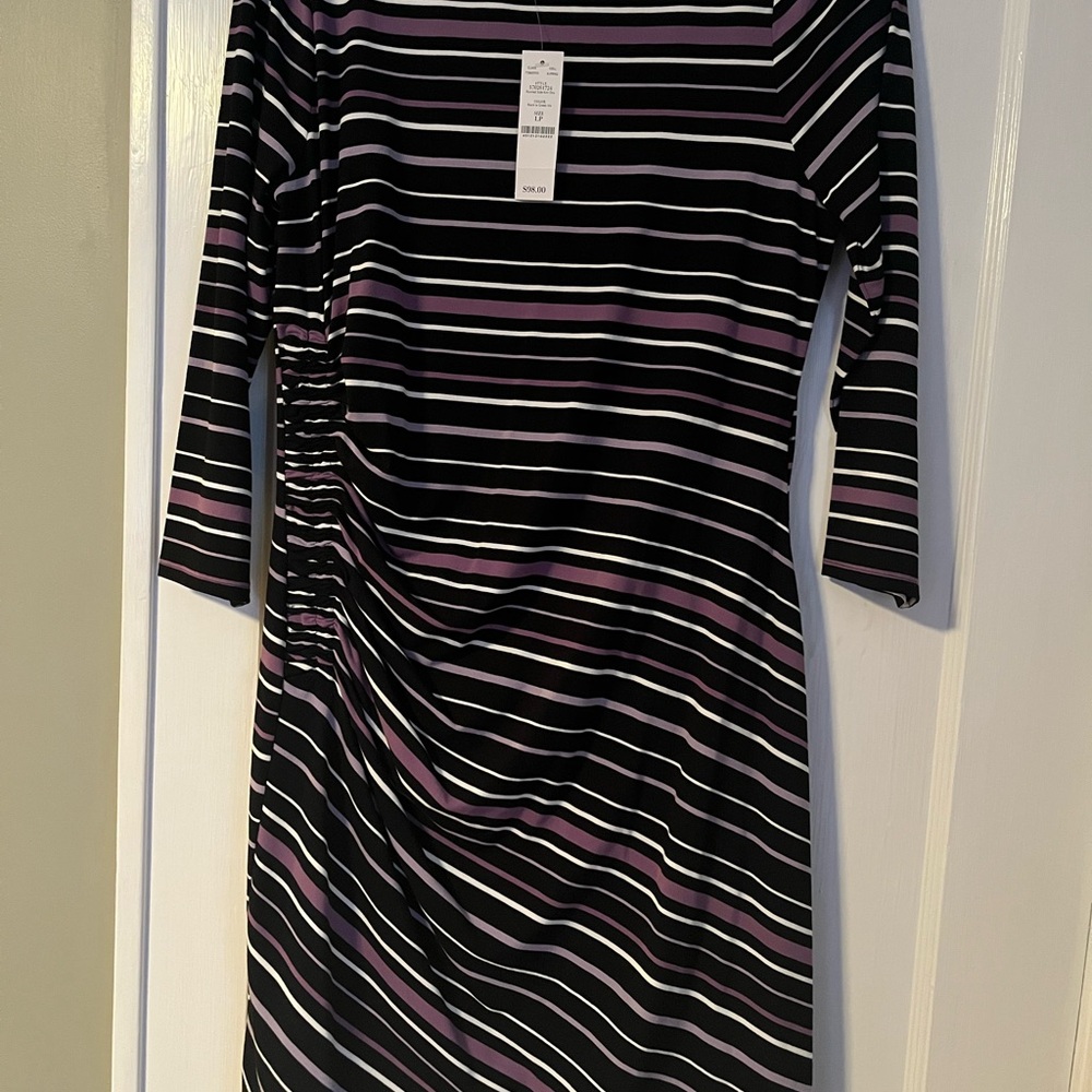 NWT White House Black Market Striped Black and Purple Dress, size Large